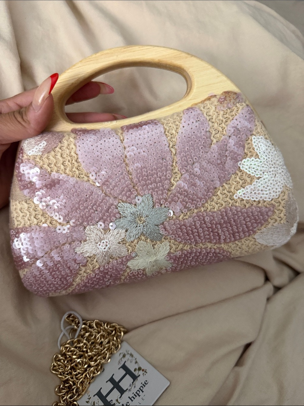 Haute Hippie Pink Sequin Floral Clutch with Wooden Handle - Picture 6 of 10